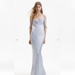 Self-Portrait Blue Satin Maxi Gown with Cowl Neck
